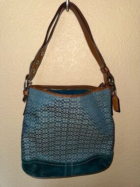 Coach signature Blue Patterned large Shoulder Bag with tan leather strap